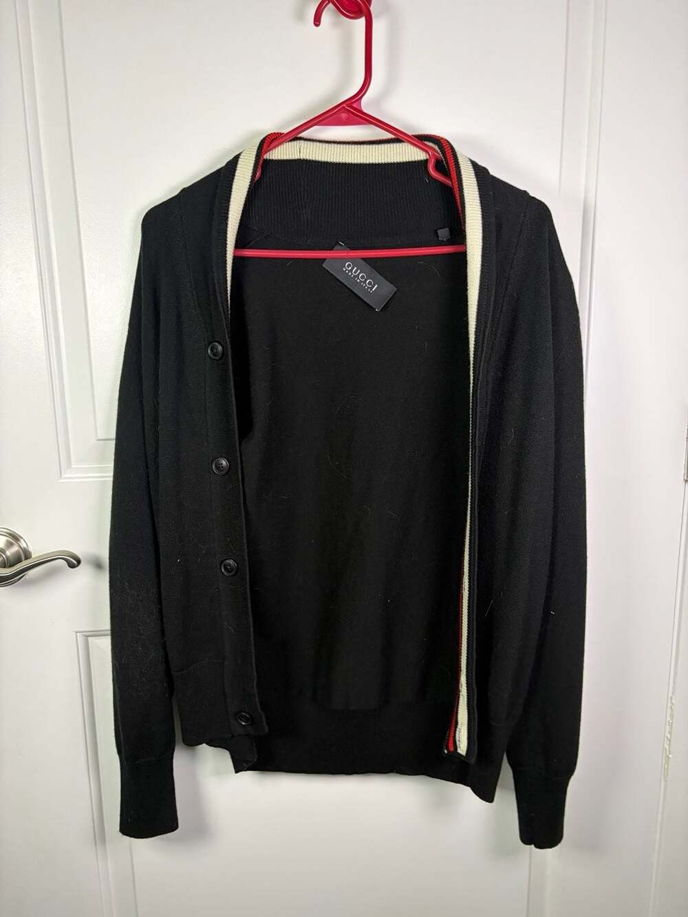 Gucci Men's Black Knit Cardigan with Web Stripe Trim
